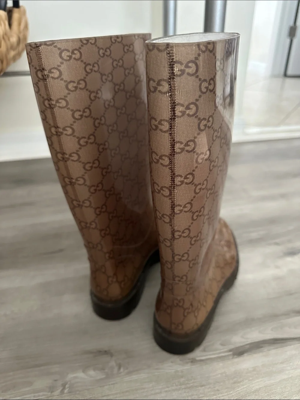 Gucci Brown GG Monogram Knee-High Rain Boots
